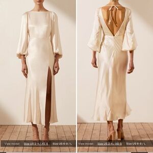 NWT Shona Joy | La Lune Balloon Sleeve Backless Midi Dress | Satin, ivory